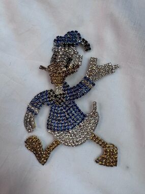 Vintage Rhinestone Cartoon Donald Duck Brooch - Blue, Gold, Silver